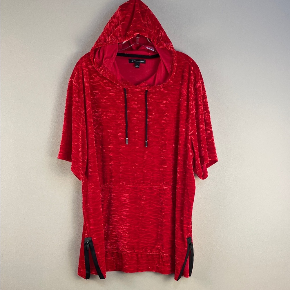 INC Men’s Crushed Velvet Short Sleeve Hoodie XXL Red Side Zipper Pullover